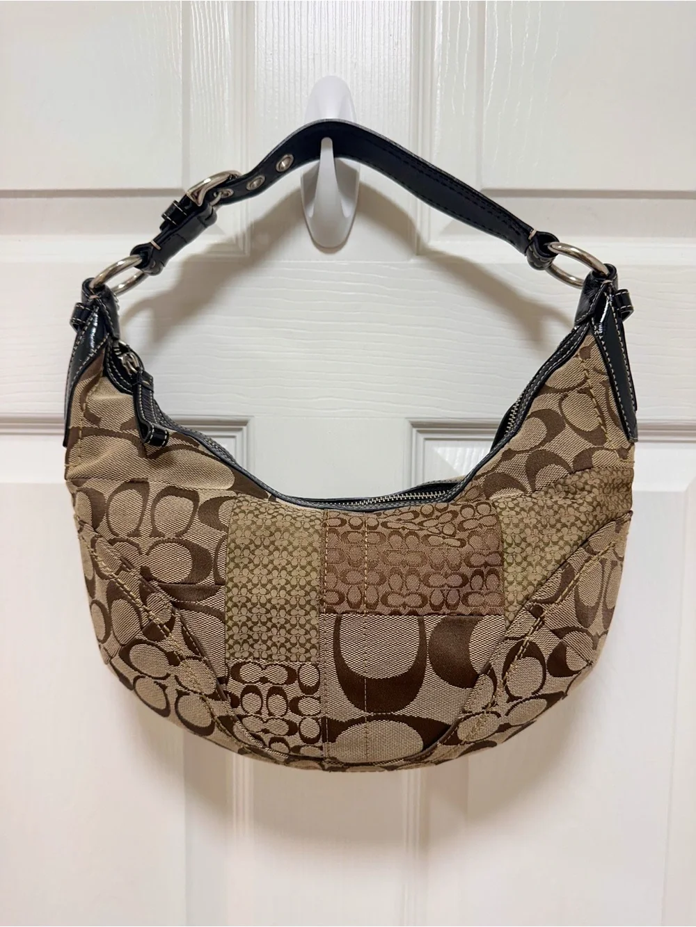 Coach Soho Crescent Hobo Bag Patchwork Black Patent Leather Y2K